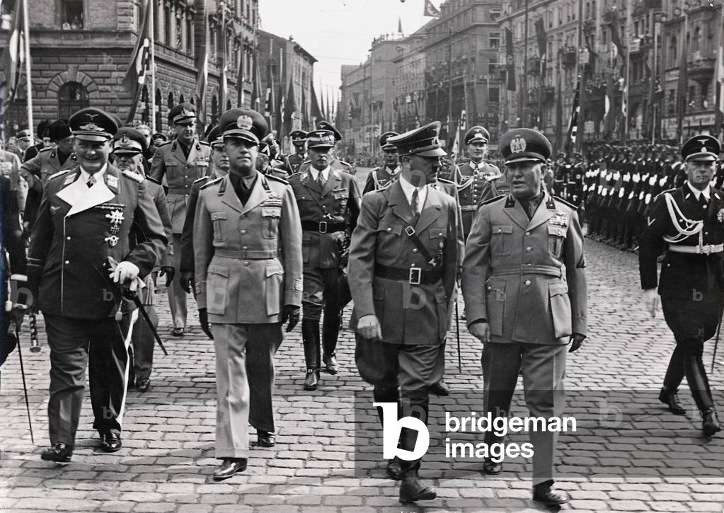 Adolf Hitler and Benito Mussolini in Munich, 1938 (b/w photo)