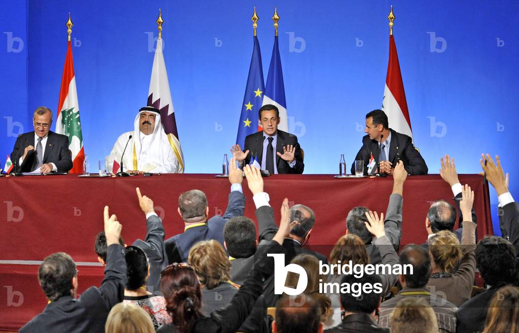 Mediterranean Union Summit at the Grand Palais: left to right, Michel Sleiman, Lebanese President, and Sheikh Hamad bin Khalifa Al-Thani, Emir, Minister of Defense and Supreme Commander of the Armed Forces of Qatar, Nicolas Sarkozy, President of the Republic of France and EU Council President, and Bashar Al-Assad, President of Syria , in the Elysee palace, Paris, 12th July 2008 (photo)