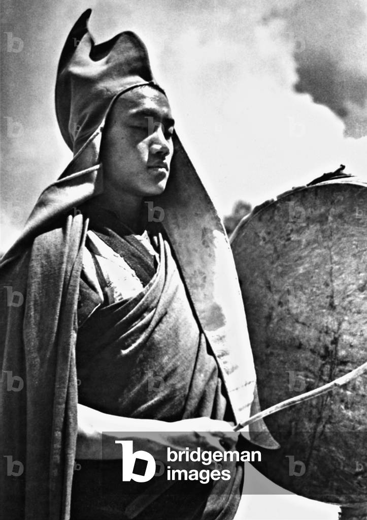 Tibetan monk (b/w photo)