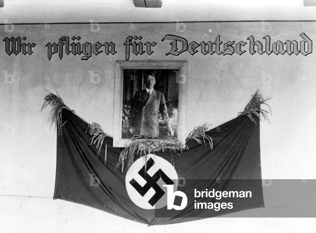 Wall decoration in occupied Russia (b/w photo)