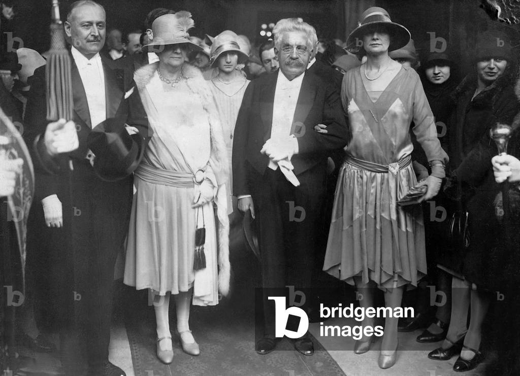 Alexandre Millerand with his wife during the wedding of their son, 1928 (b/w photo)