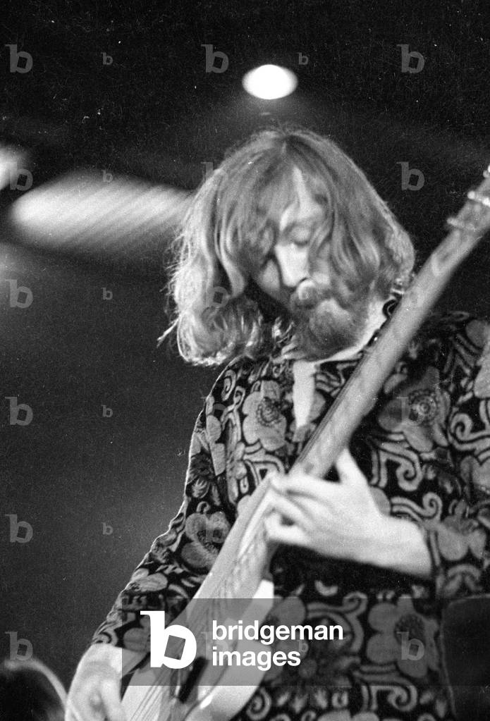 Performance of a band at a rock festival in Munich, 1970 (b/w photo)