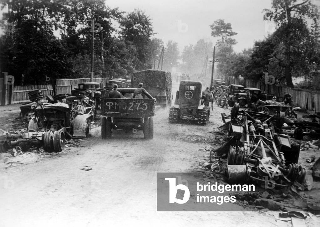 German convoy on a street after the encirclement battle near Kiev, 1941 (b/w photo)