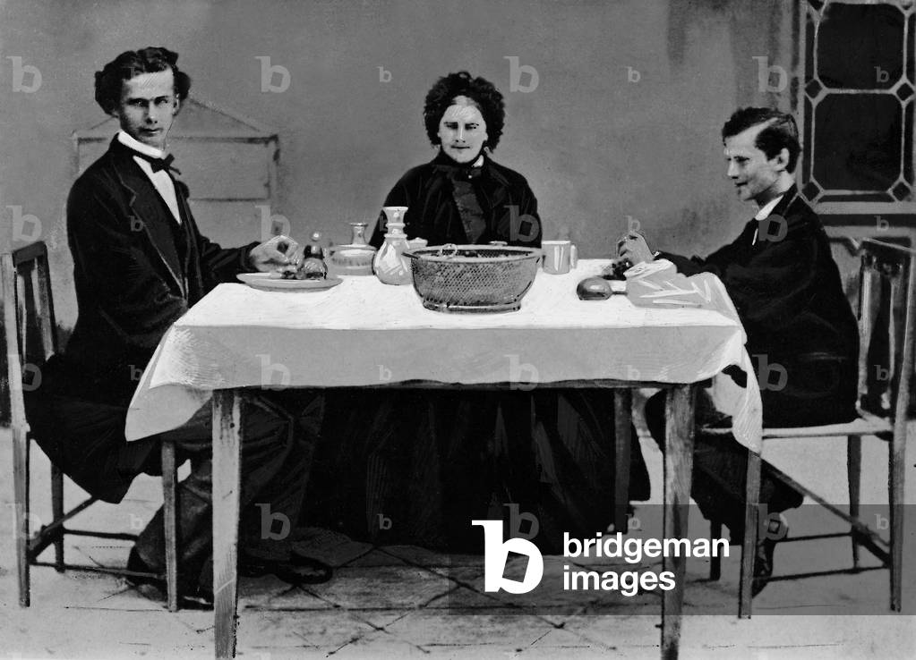 King Ludwig II of Bavaria with his mother and brother Otto (b/w photo)