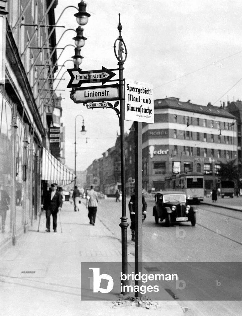 Sign indicating foot and mouth disease in Berlin, 1937 (b/w photo)