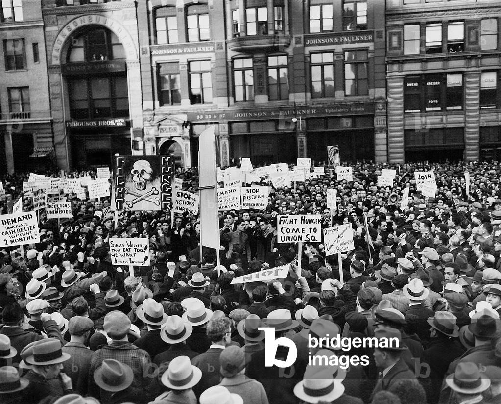 Unemployment demonstration during the Great Depression at the Union Square, 1931 (b/w photo)