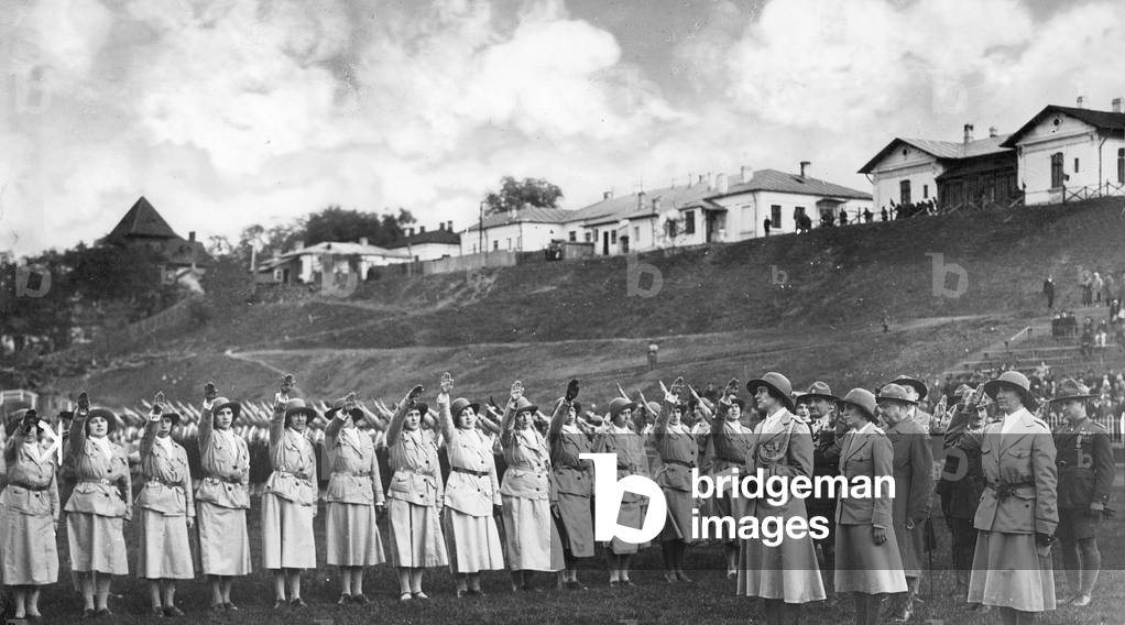 Girls' brigade of Bucharest at a swearing in ceremony (b/w photo)