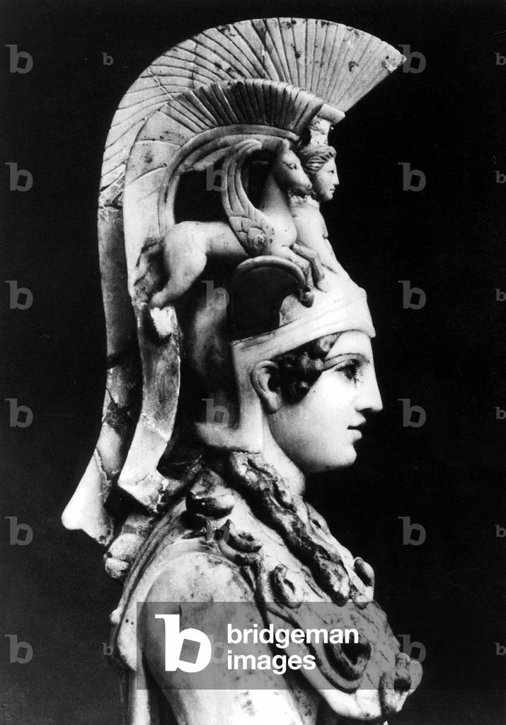 The Greek goddess Athena with helmet (b/w photo)