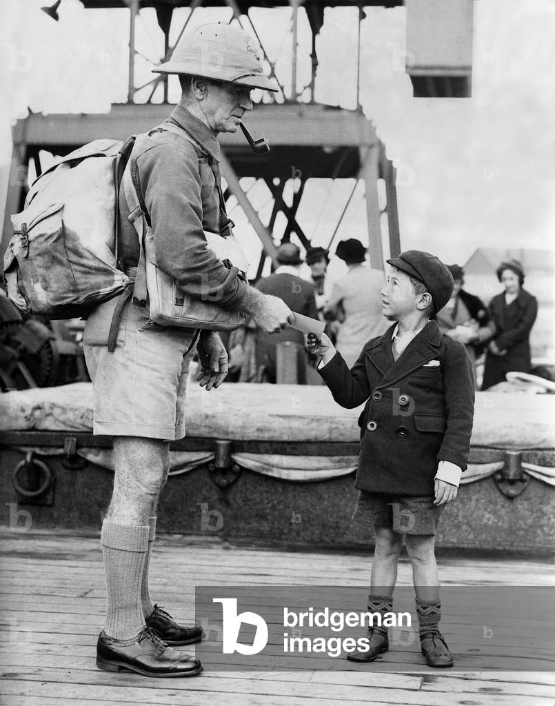James Scott back in England after hiking to Cape Town, 1937 (b/w photo)
