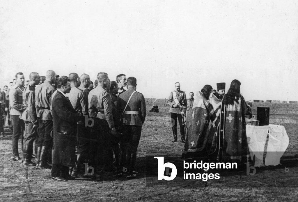Russian troops at a field service in East Prussia, 1914 (b/w photo)