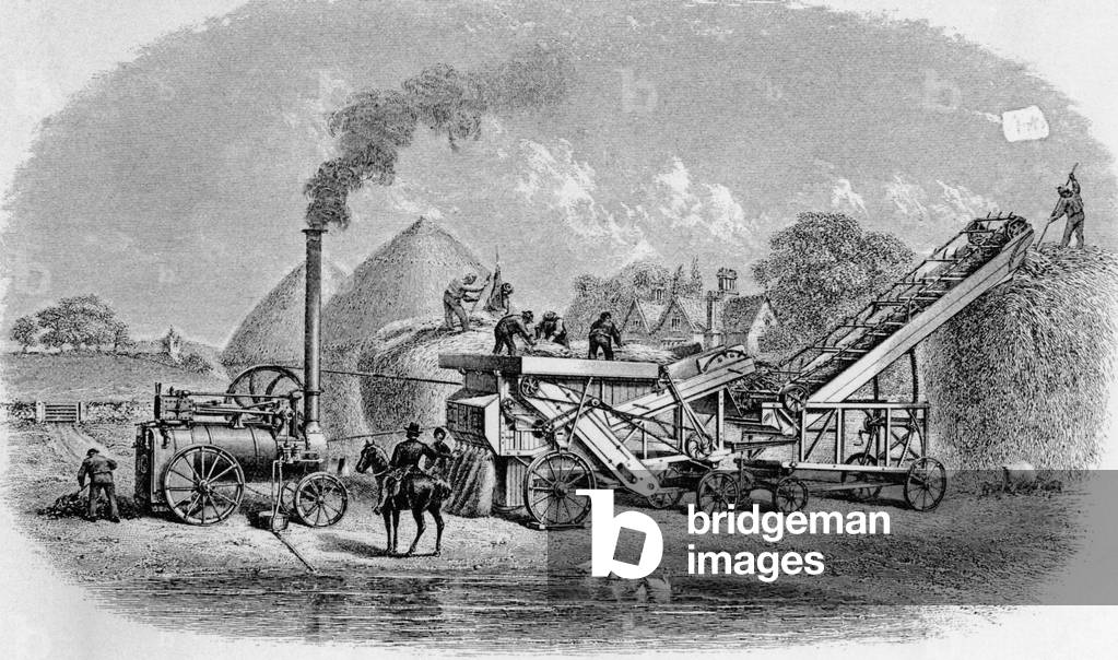 Steam powered threshing machine, around 1850