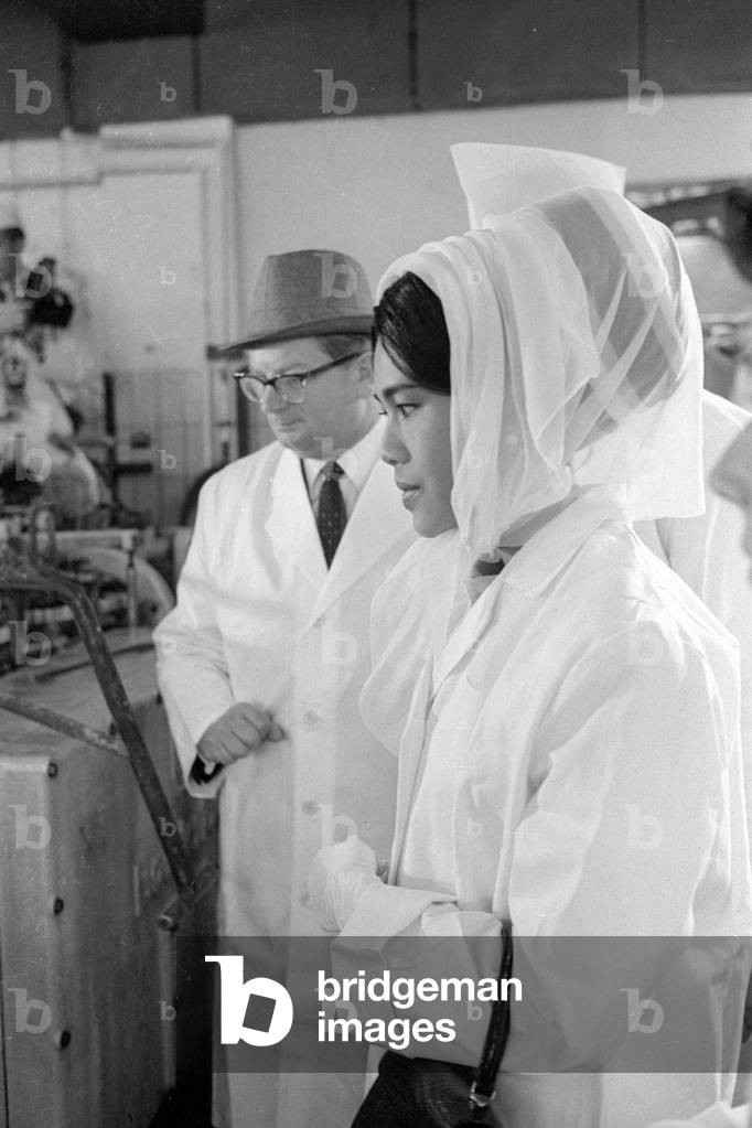 The Thai royal couple in a fish factory in Bremen, 1966 (b/w photo)