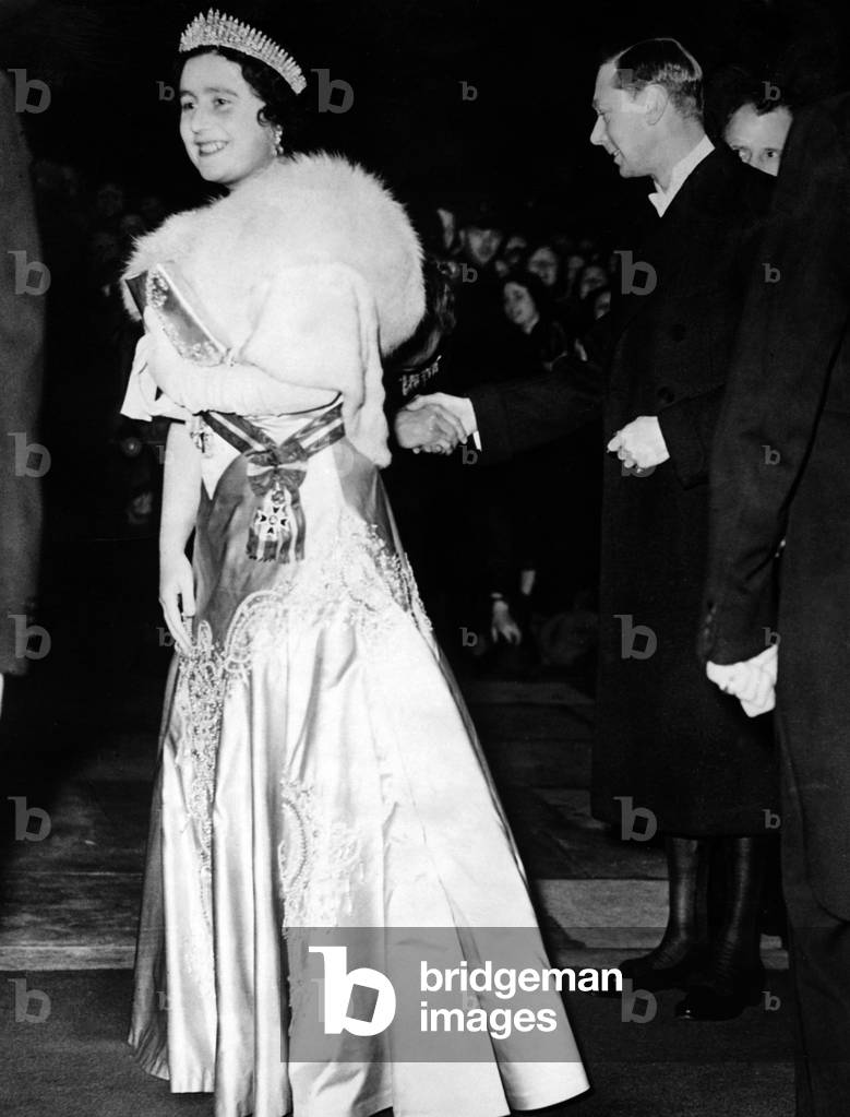 Queen Elizabeth and King George VI on their arrival at the Romanian Embassy in London, 1938 (b/w photo)
