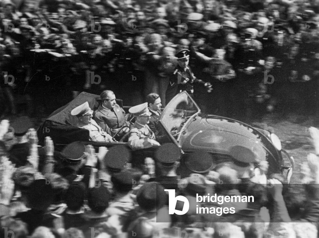 Adolf Hitler on the way to the groundbreaking ceremony of the KDF-Wagen factory at Fallersleben, 1938 (b/w photo)