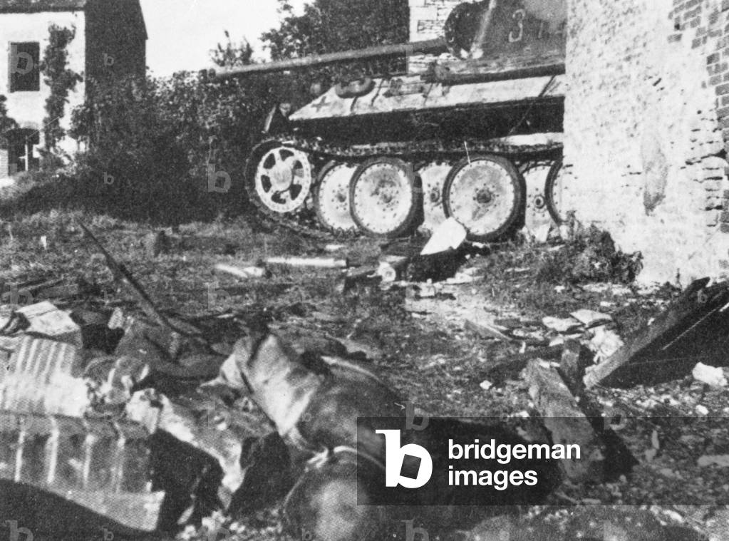 Shot-down German Panzer V 'Panther' in the Falaise pocket, 1944 (b/w photo)
