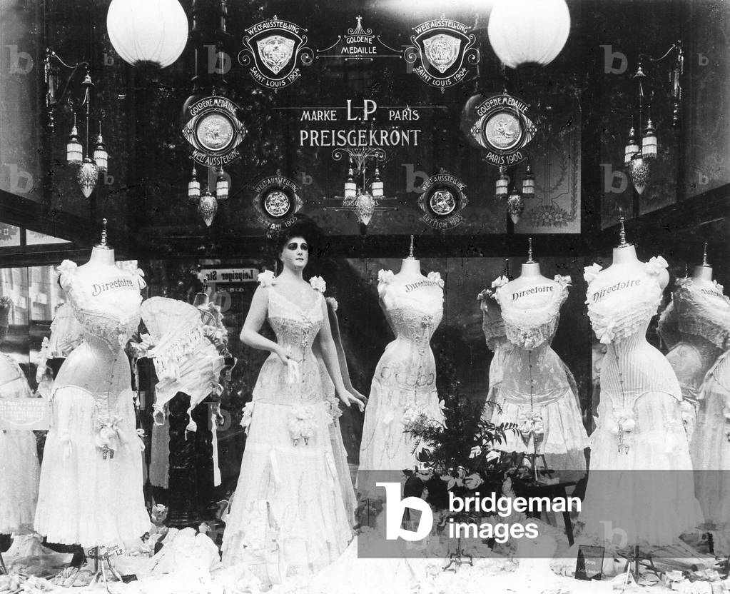 The window of a corsetry shop, 1909 (b/w photo)