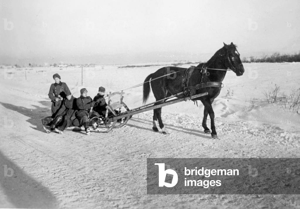 German soldiers on a horse-drawn carriage on the Eastern Front, 1941 (b/w photo)