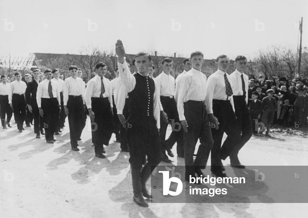 Ethnic German farmers celebrate the birthday of Adolf Hitler, 1941 (b/w photo)