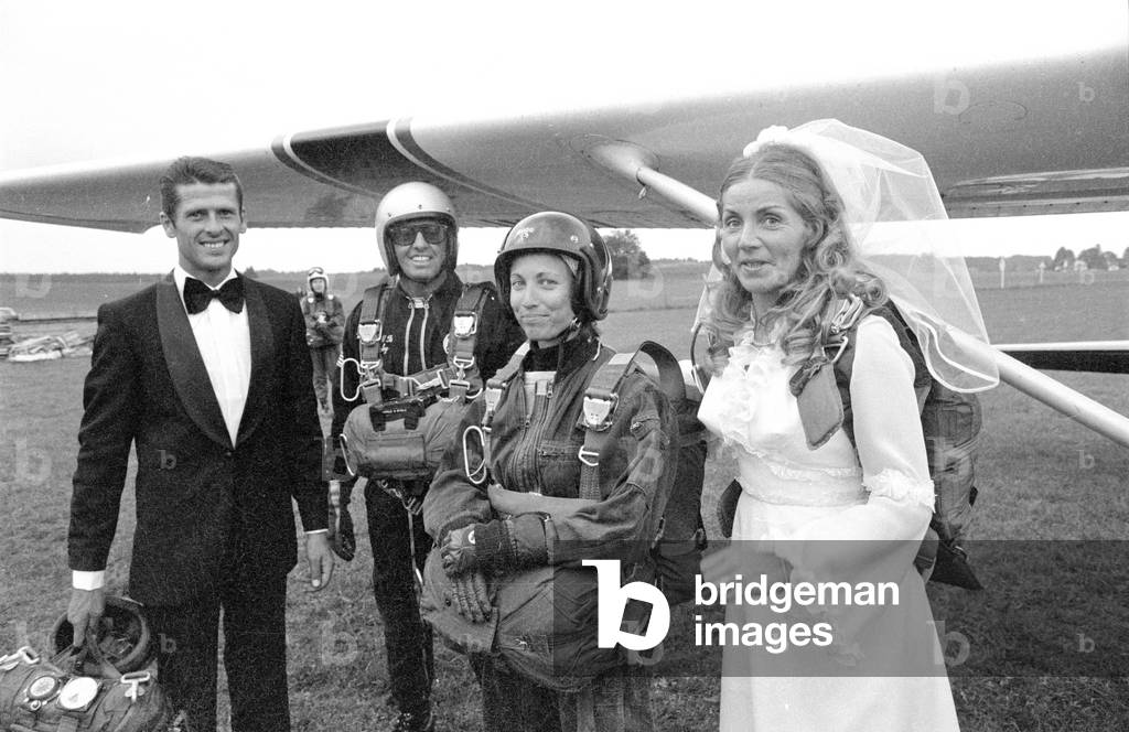 Wedding with parachute jump, 1974 (b/w photo)