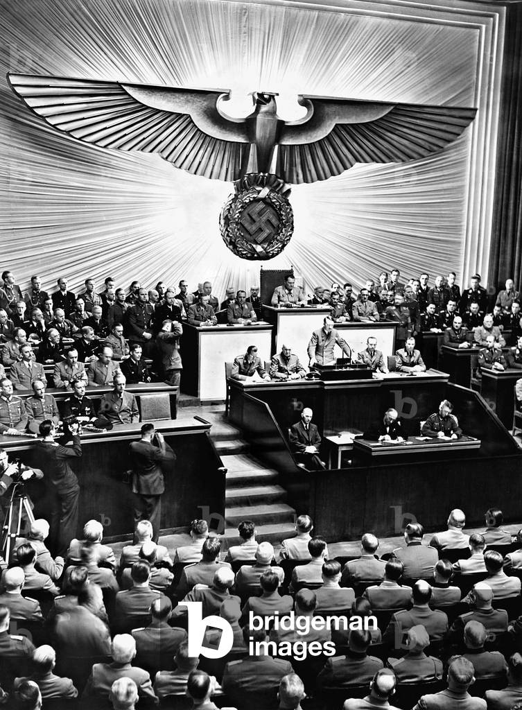 Adolf Hitler addresses to the Reichstag, 1941 (b/w photo)