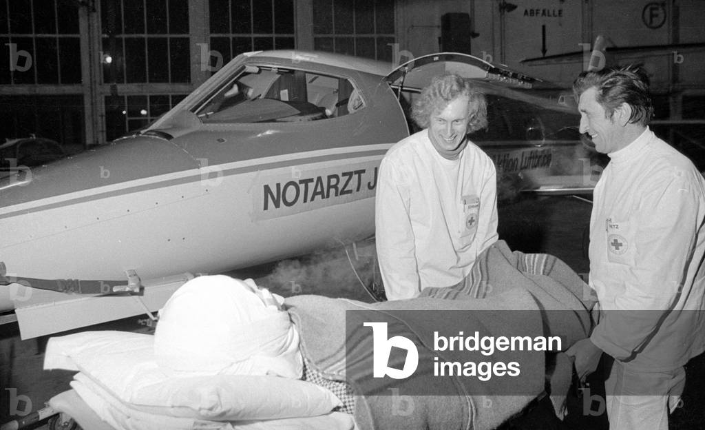 Patient transport by air, 1974 (b/w photo)