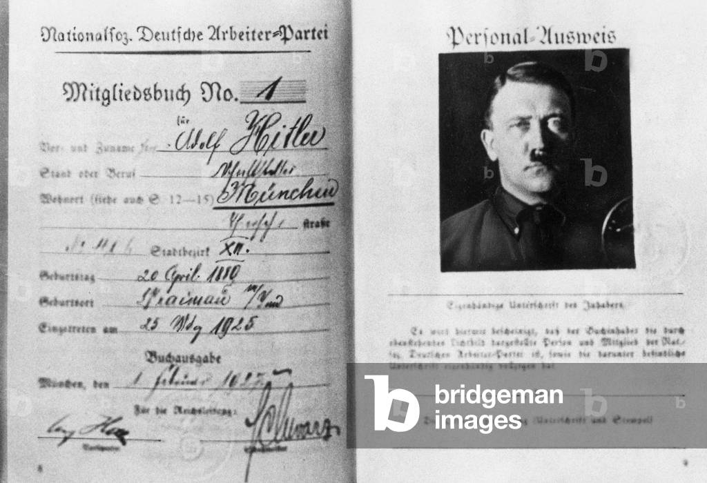 Member book of the NSDAP of Adolf Hitler, 1925 (b/w photo)