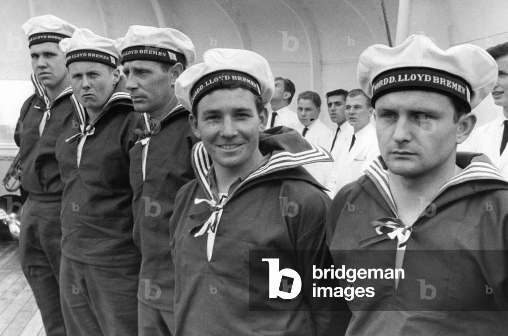 Sailors on the passenger liner 'Bremen', 1959 (b/w photo)