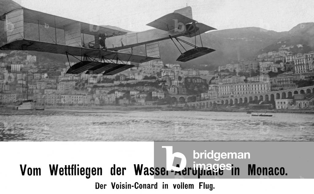 From the competition of the water plane in Monaco: the Voisin-Conard in full flight, 1912 (b/w photo)