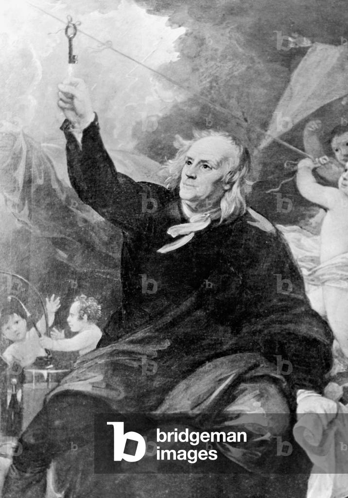 Benjamin Franklin with a lightening rod (b/w photo)