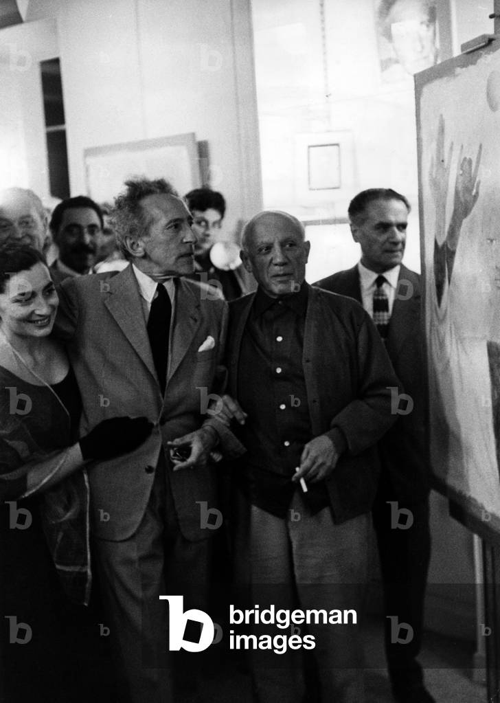Jean Cocteau and Pablo Picasso at an exhibition, 1950s (b/w photo)