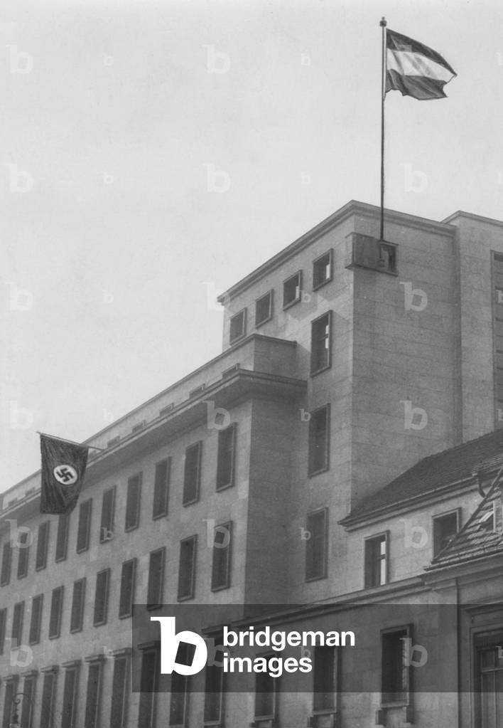 Flags at the Reich Chancellery in Berlin, 1933 (b/w photo)