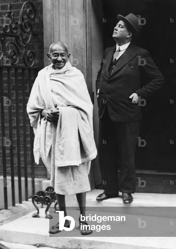 Mahatma Gandhi in front of 10 Downing Street, 1931 (b/w photo)