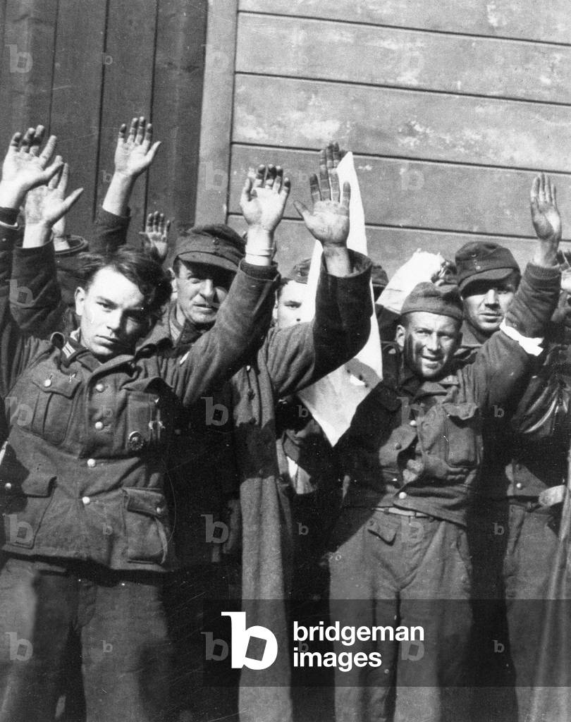 German soldiers surrendering at Prague Castle, 9th May 1945 (b/w photo)