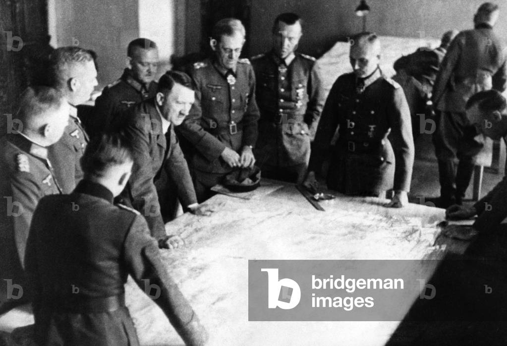 Adolf Hitler at a meeting at Wolf's Lair, 1942 (b/w photo)