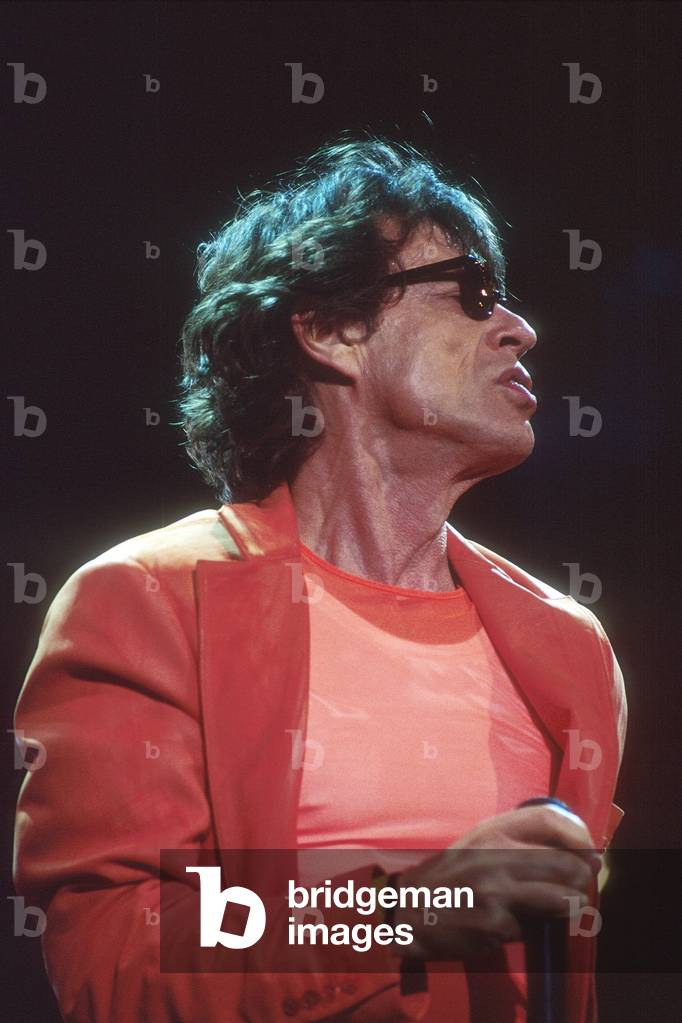 Mick Jagger (born 1943), singer of the British rock group The Rolling Stones, during the open air concert 'Bridges To Babylon' at the Wasen in Stuttgart, 1999 (photo)