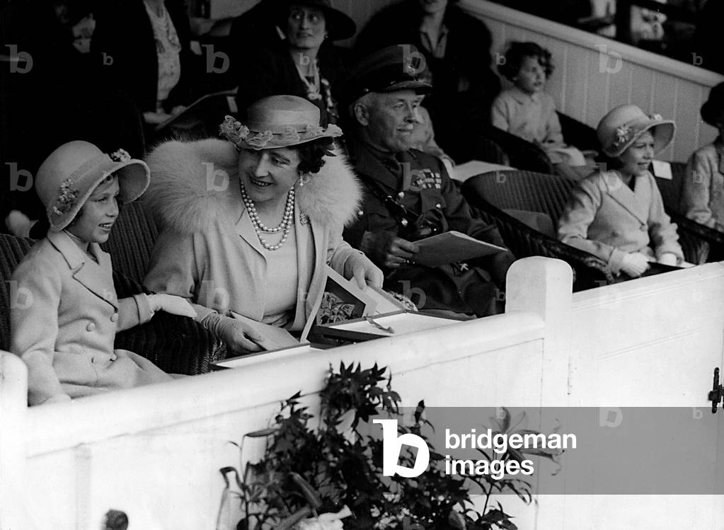 Elizabeth II at the rehearsal of the Aldershot Tattoo, 1937 (b/w photo)