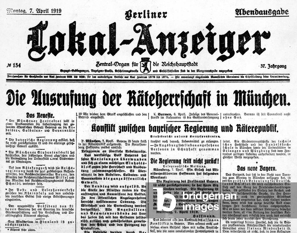 Front page of the Berlin 'Lokalanzeiger' announcing the Soviet Republic in Bavaria (b/w photo)