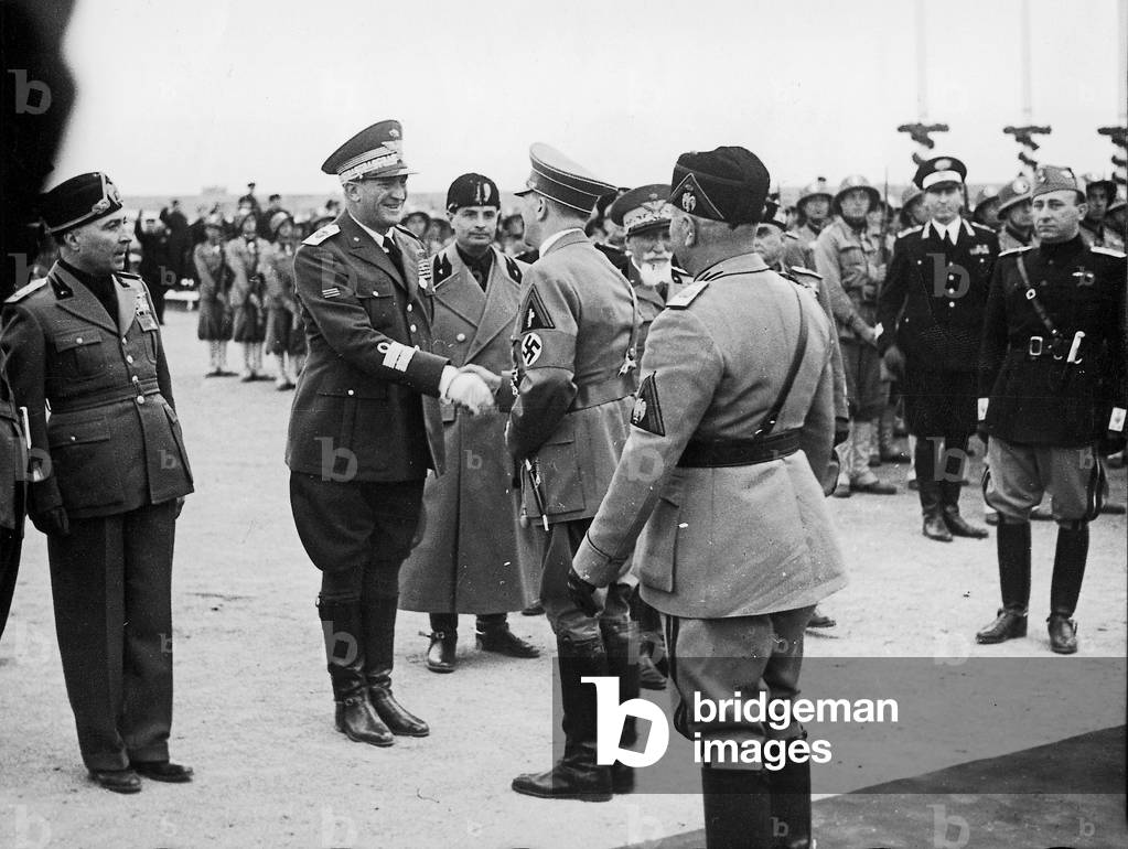 Adolf Hitler greets Marshall Graziani during his Italian trip (b/w photo)
