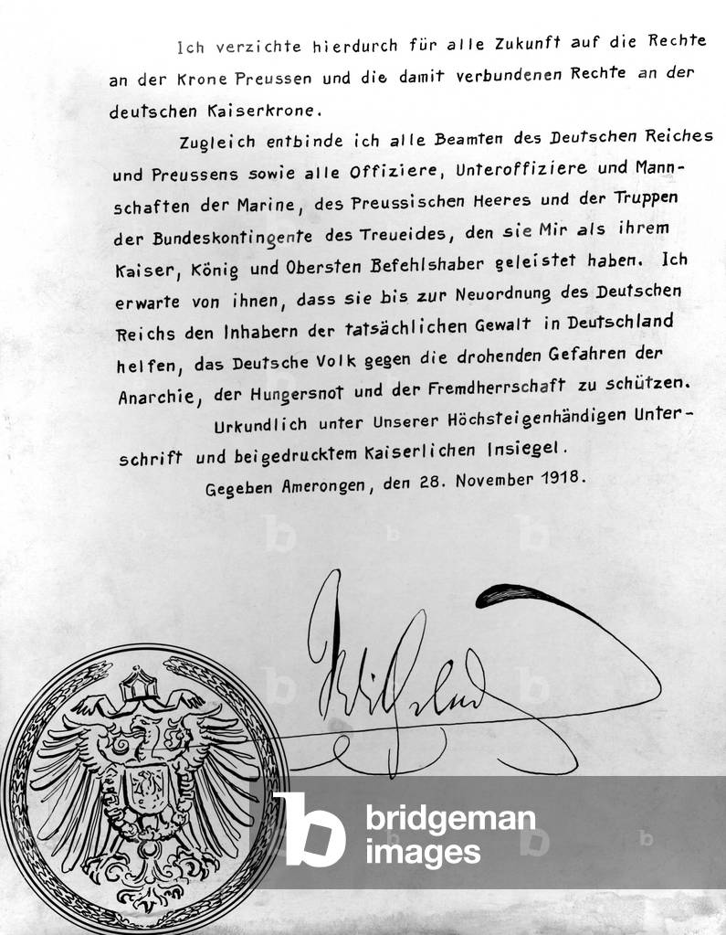 Abduction certificate of Emperor Wilhelm II, 1918