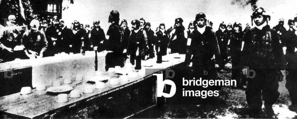 Farewell ceremony for Japanese kamikaze pilots, 1944 (b/w photo)