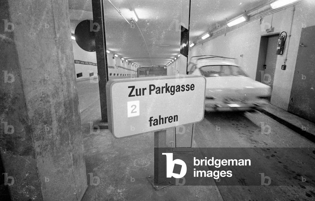 Underground parking garage at Stachus, 1971 (b/w photo)