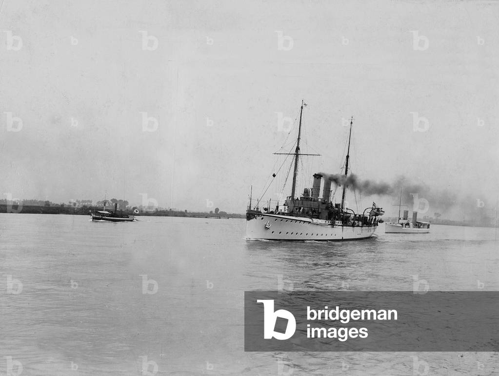 Arrival of the gunboat 'Panther' and the dispatch boat 'Sleipner', 1902 (b/w photo)