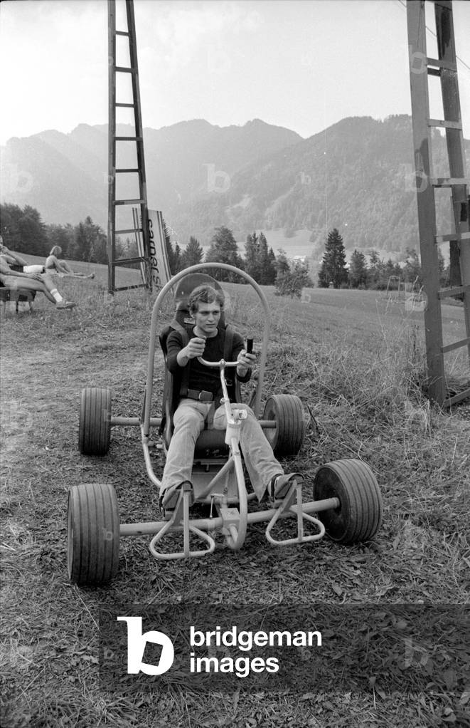 Downhill carts in Ruhpolding, 1974 (b/w photo)