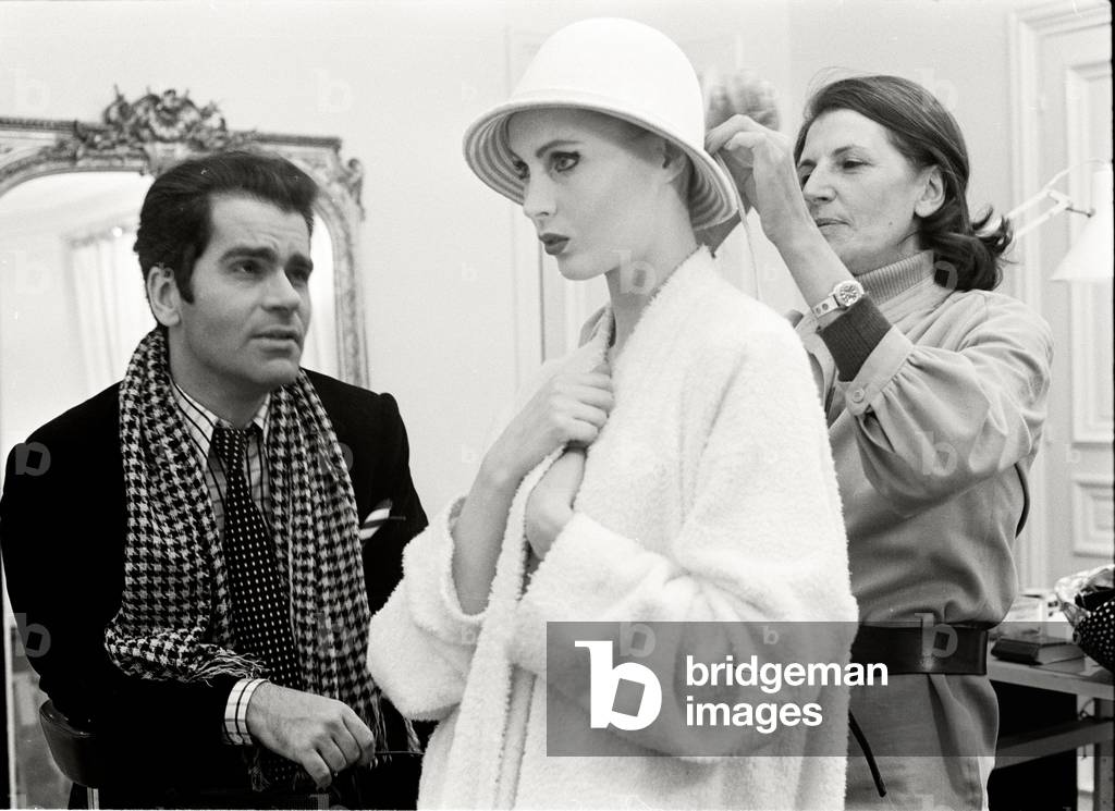 Karl Lagerfeld with his model Eija at Maison Chloe, 1972 (b/w photo)