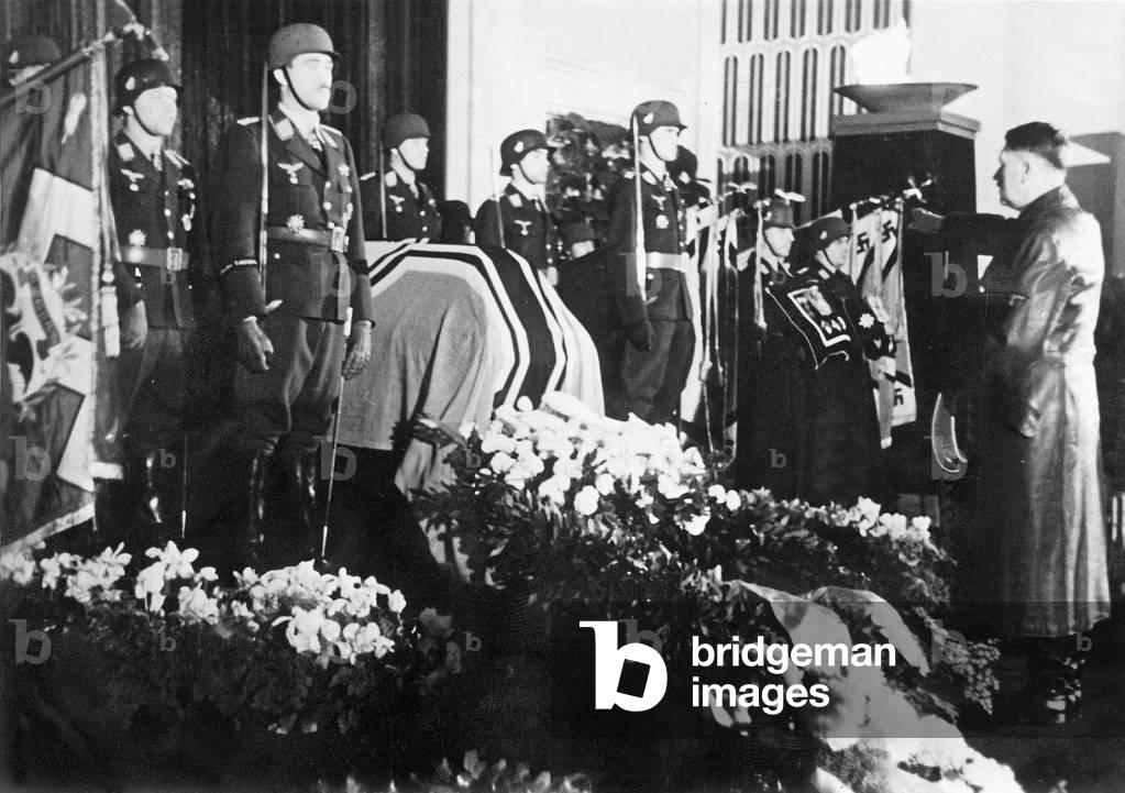 Adolf Hitler at Ernst Udet's coffin, 1941 (b/w photo)