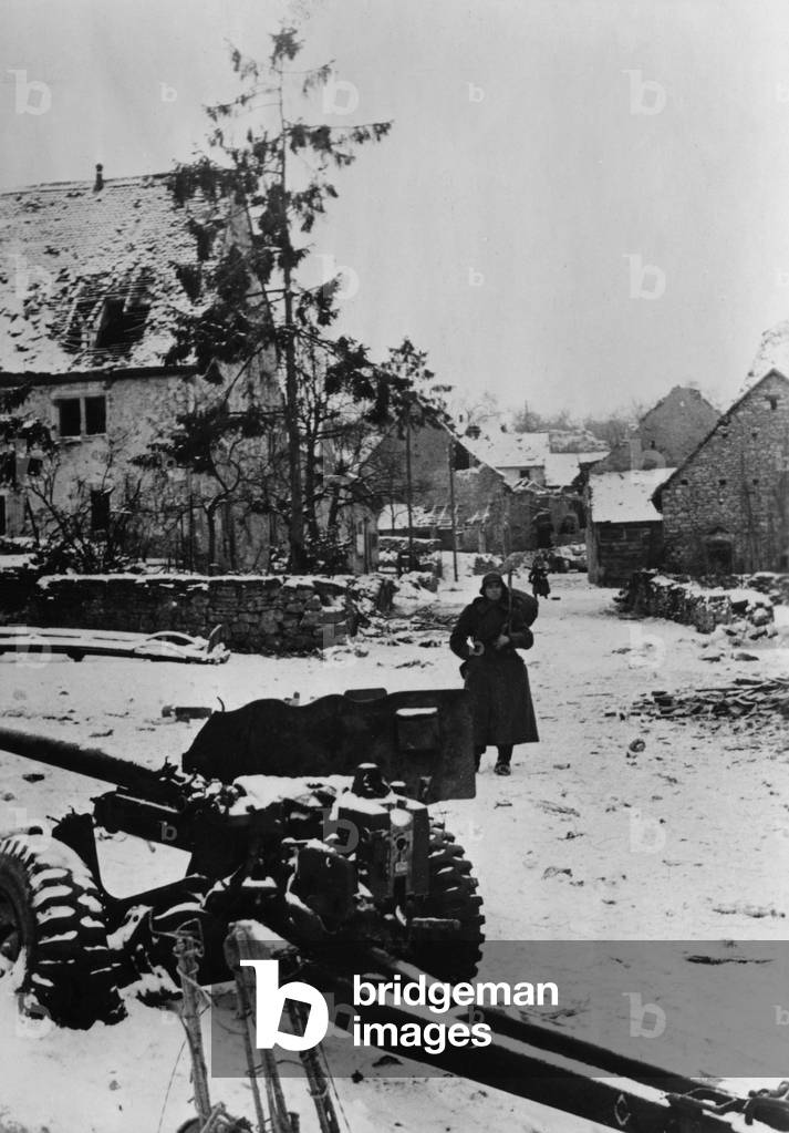 Reconquered village on the Western Front, 1945 (b/w photo)