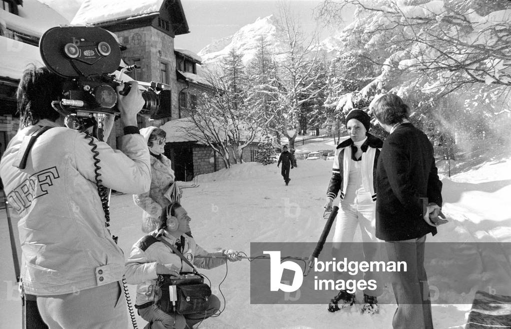 Farah Diba in St. Moritz, 1974 (b/w photo)