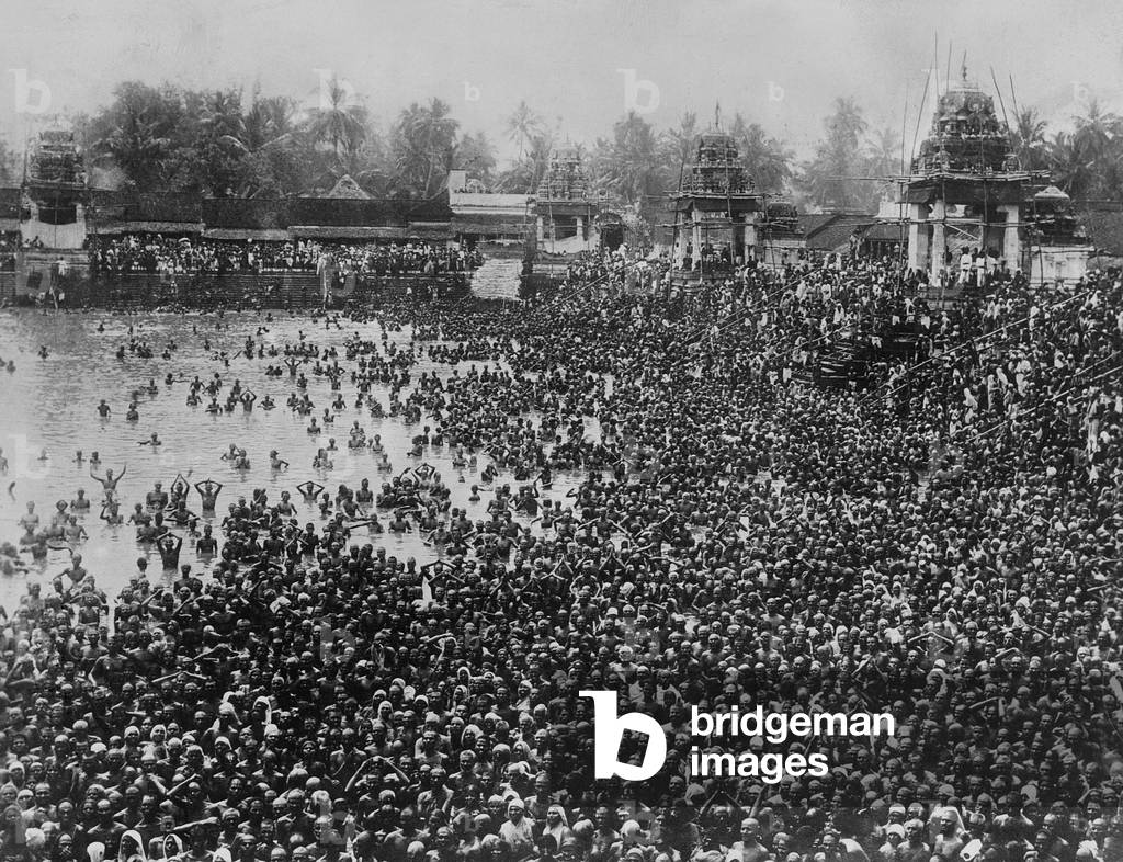 Hindus bathe in the Ganges (b/w photo)