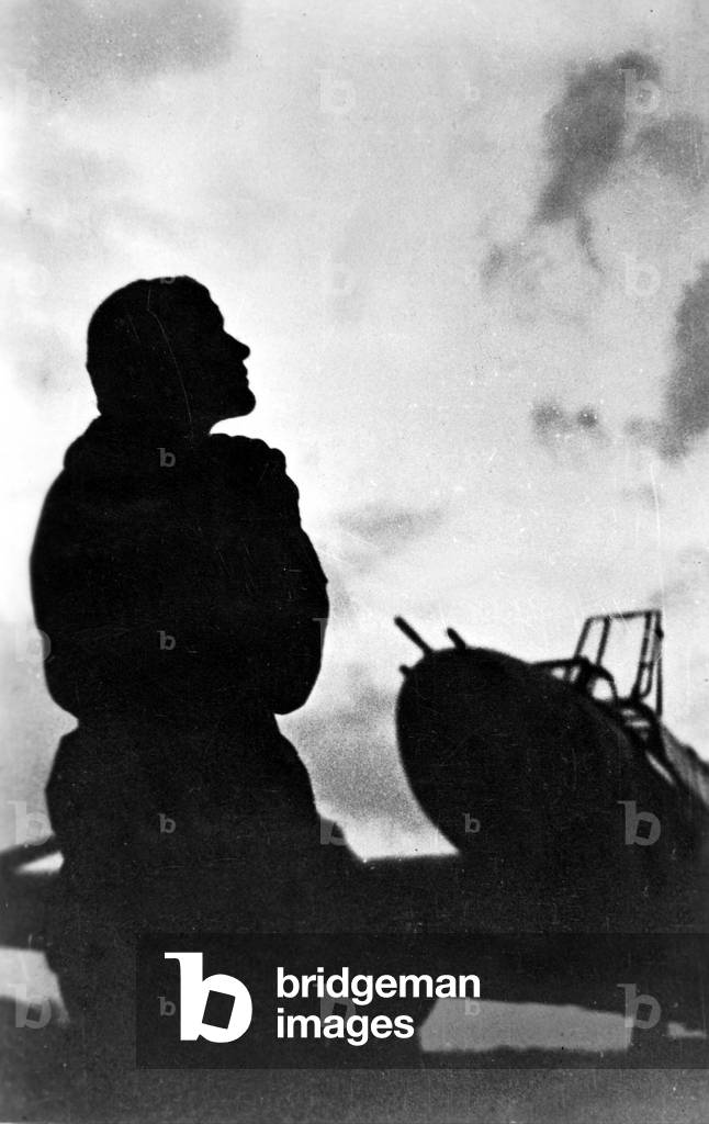 German Pilot in Front of His Aircraft, 1939 (b/w photo)