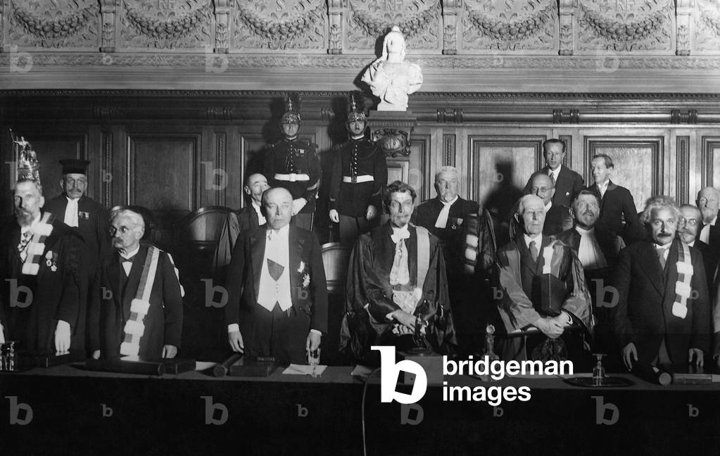 Albert Einstein is awarded with honorary doctorate from the Sorbonne University, Paris, 1929 (b/w photo)